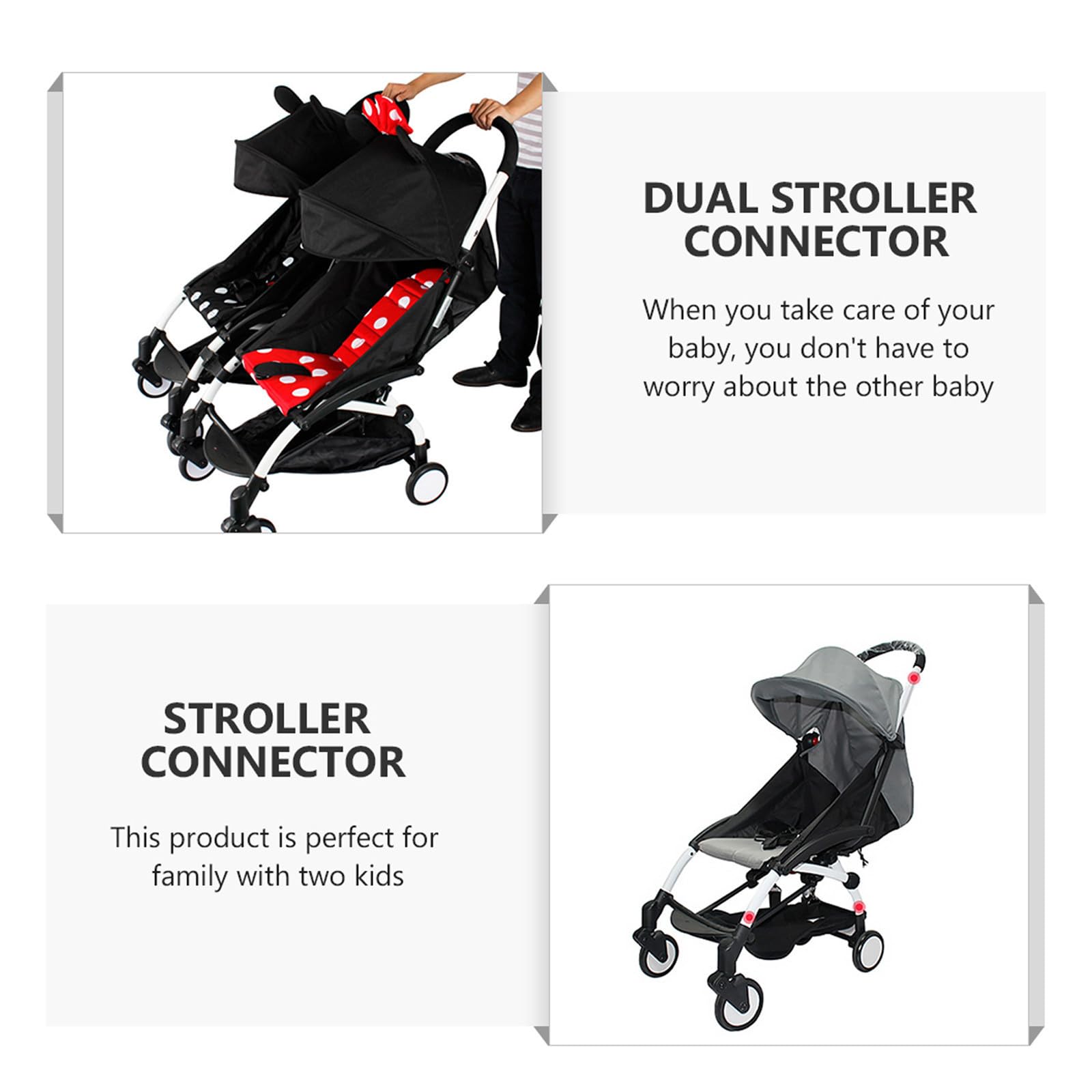 Conectores para cochecitos de gemelos y conector para cochecito de exterior, 3 piezas, desmontables, para padres y familias con dos en exterior