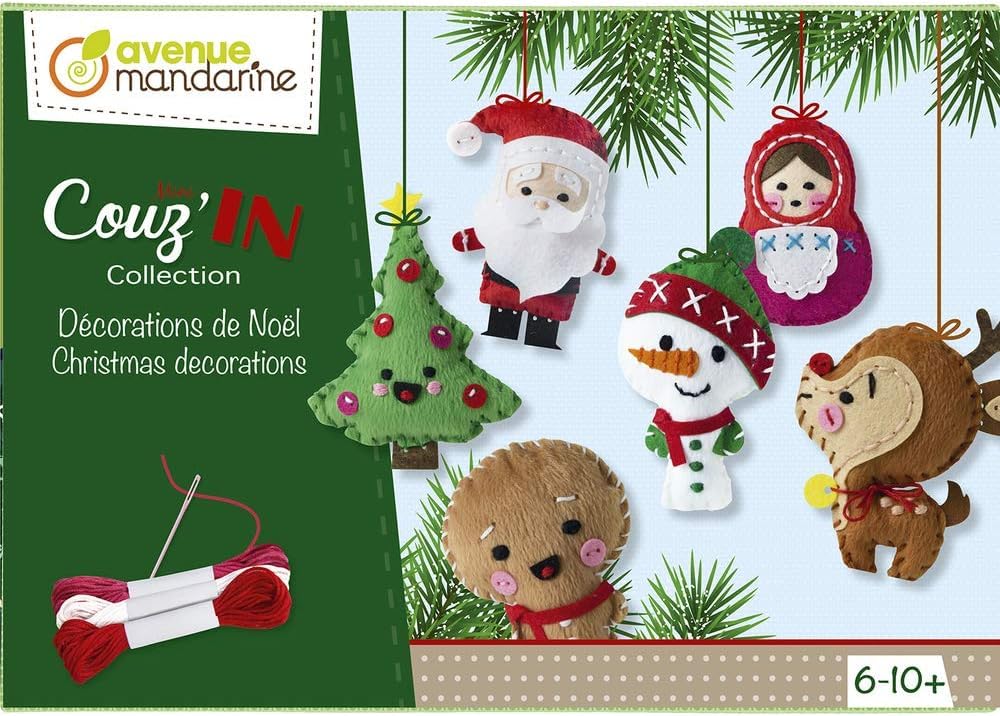 Avenue Mandarine KC062C - Caja creativa mini Couz'in con 6 personajes navideños para coser 10 x 3 x 6 cm, una aguja y 3 ovillos de hilo (instrucciones incluidas)
