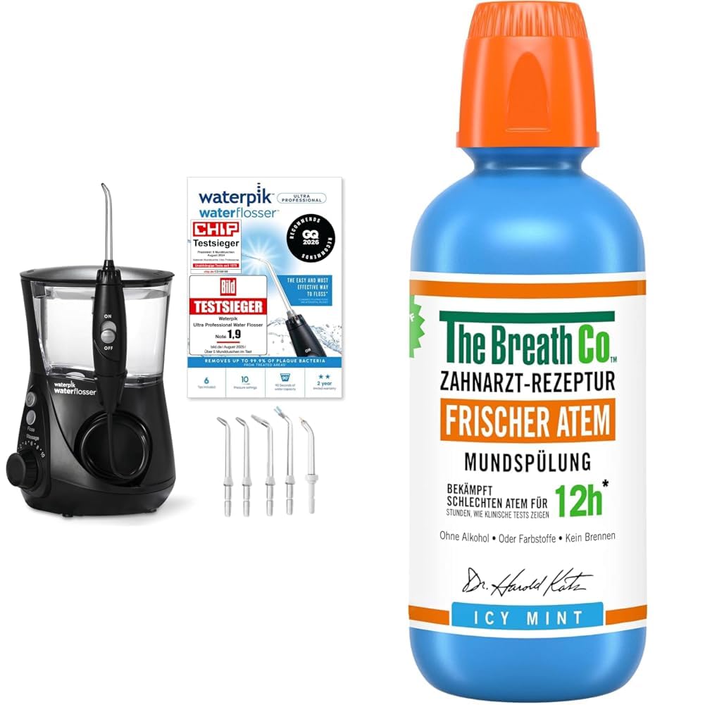 Waterpik Professional Water Flosser, Testsieger 2025, Precision Pulse Technology & The Breath Co. Mundspülung Antibakteriell, 12h Frischer Atem, mit Aktivsauerstoff, Alkoholfrei, Eis Minze, 500ml