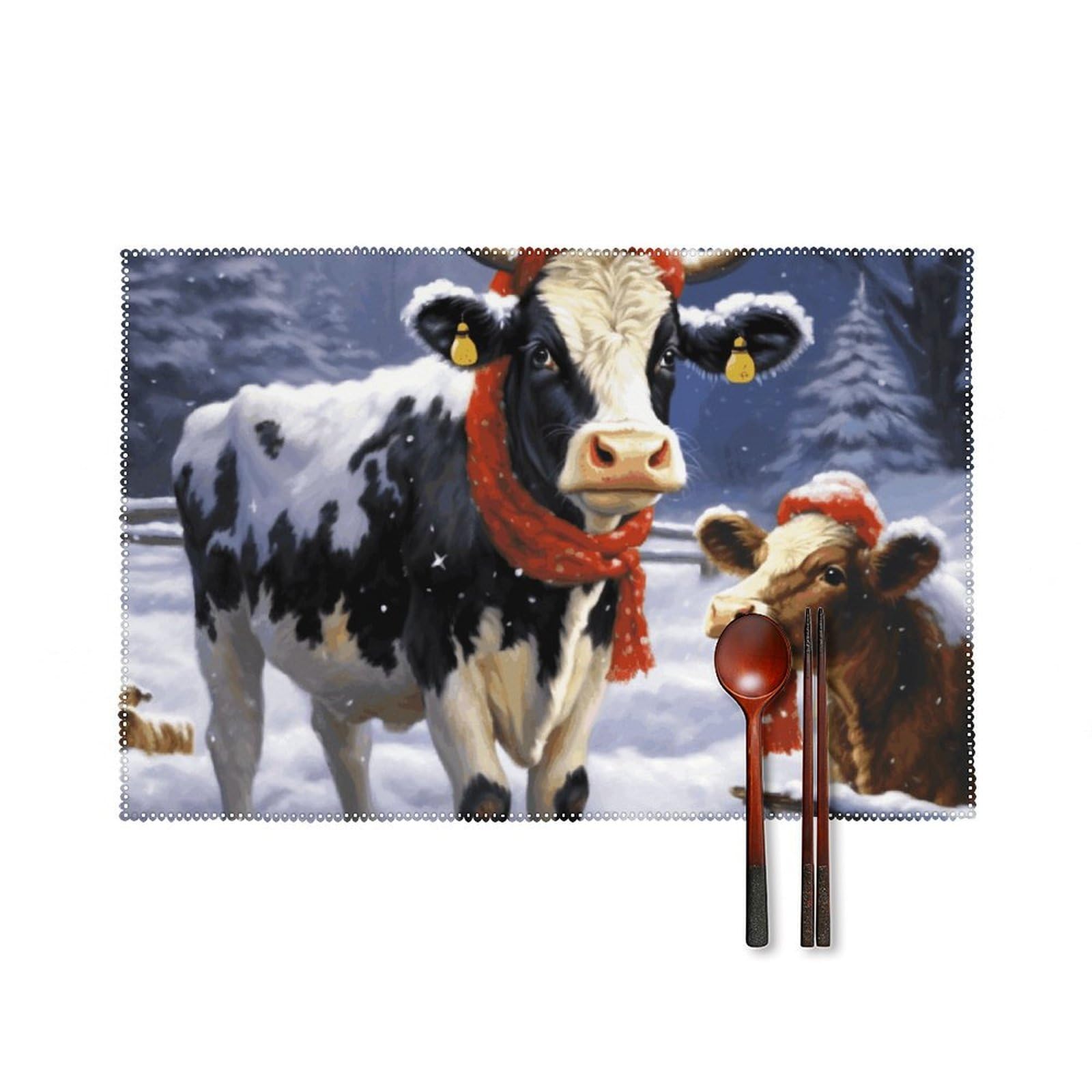 Christmas Snow Cow Placemats Set of 6 Wipeable Table Mats for Kitchen Dining Table Heat Resistant Waterproof Modern Indoor/Outdoor Non-Slip Easy Clean Place Mats