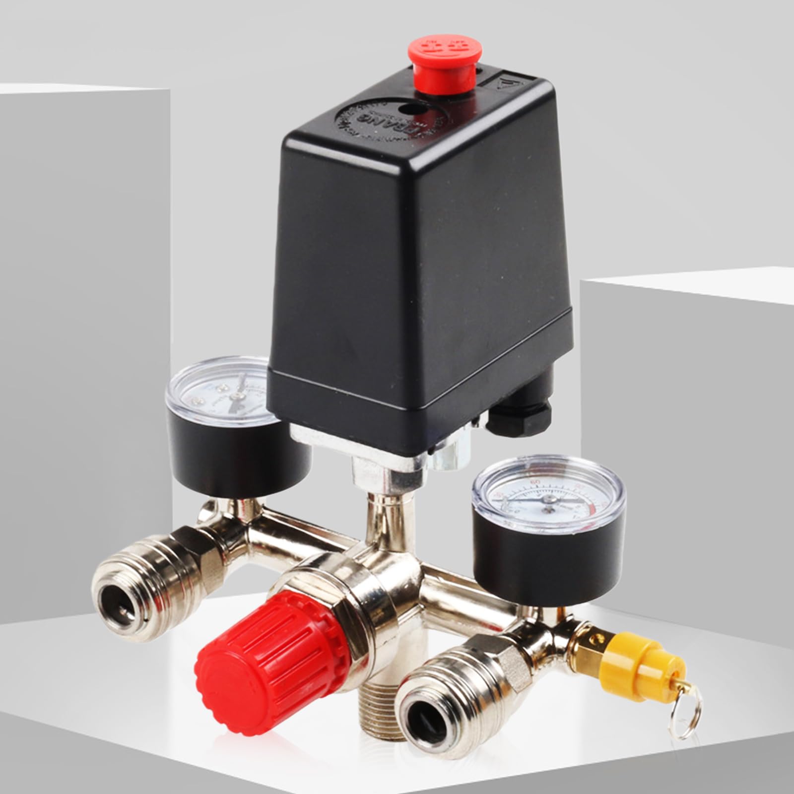 Regulador de presión compresor de 220 V con interruptor de presión, 2 manómetros, válvula de seguridad y 2 acoplamientos, compresor de aire reductor de presión con rosca exterior de 1/2", pieza de
