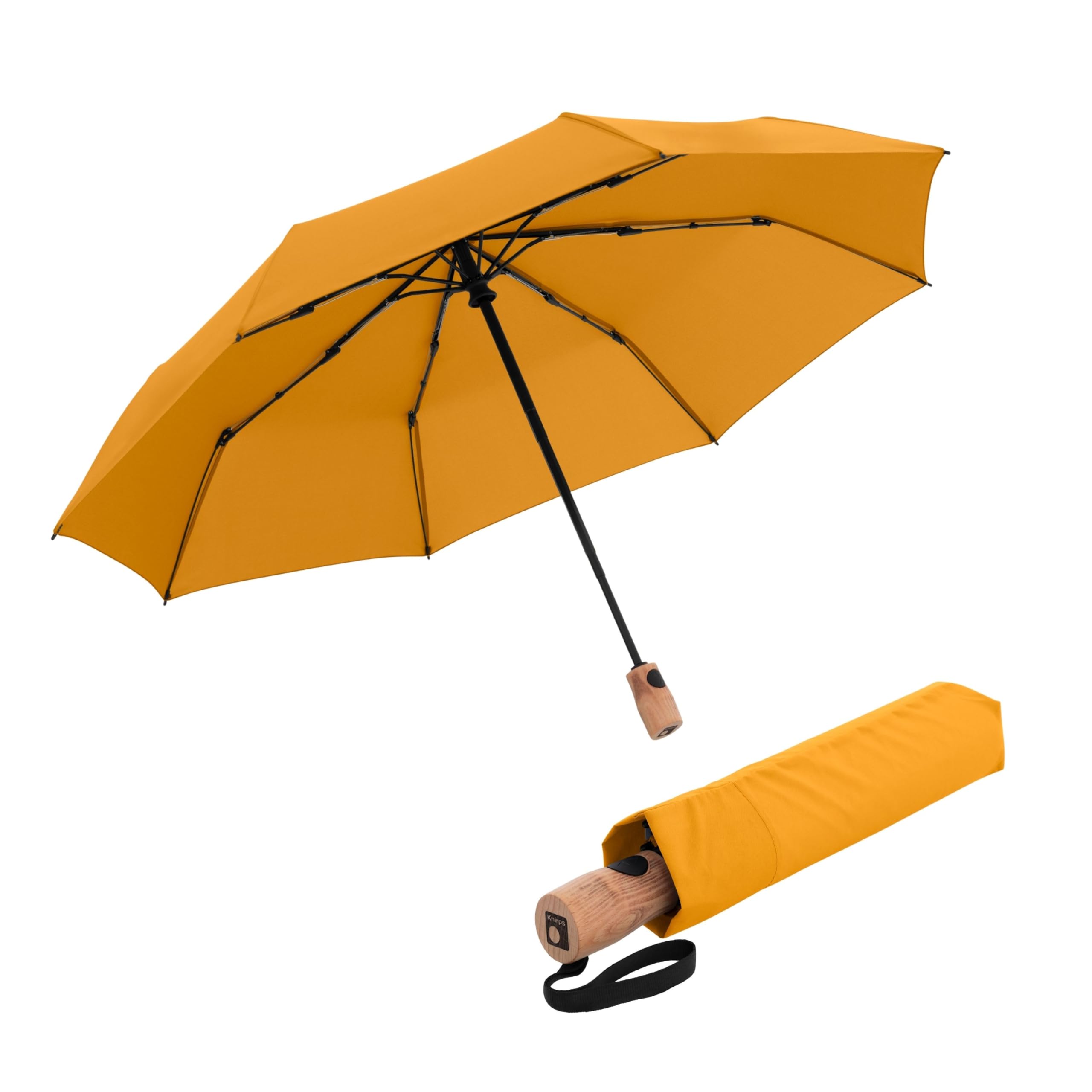 Knirps TIMBER Umbrella for Men & For Women, Automatic Open Close On the Go Travel Umbrellas - Water Resistant Compact Folding Windproof Rain & UV Protection with German Beech Wood Handle, Curcuma