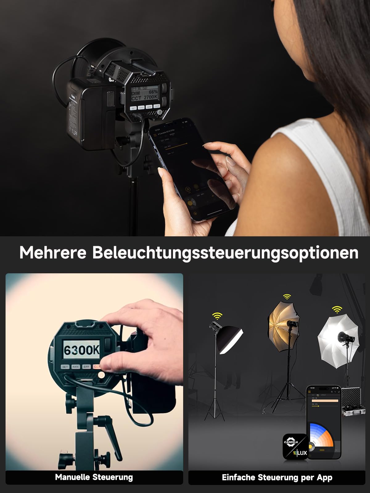 Rollei Candela 100 Bi Color Led Videolicht 100W 2700K~6500K Stufenlose Helligkeitsregulierung Dauerlicht Fotografie Ultrakompakt&Leicht 800g APP Smarte Bedienung, Videolicht-Fotolicht-Video-Light-LED