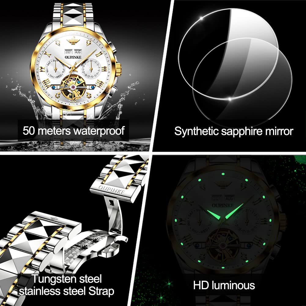 OUPINKE Reloj automático para Hombre con Esfera Plateada Esqueleto Tourbillon, Movimiento automático, Cristal de Zafiro, Impermeable, Luminoso, Ventana de Mes y año, Color Blanco