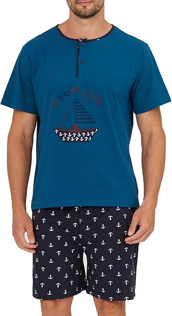 Keyocean Mens Henley Pajama Set, Soft Cotton Short-Sleeve T-Shirt & Shorts Summer PJ Set for Sleeping