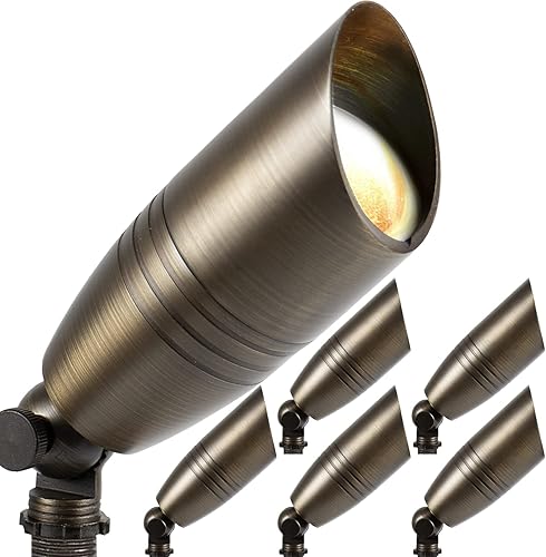 H&A Foco de latón macizo para paisaje, luces de paisaje al aire libre, 12 V, bajo voltaje, con pico de tierra para patio al aire libre (6 paquetes)