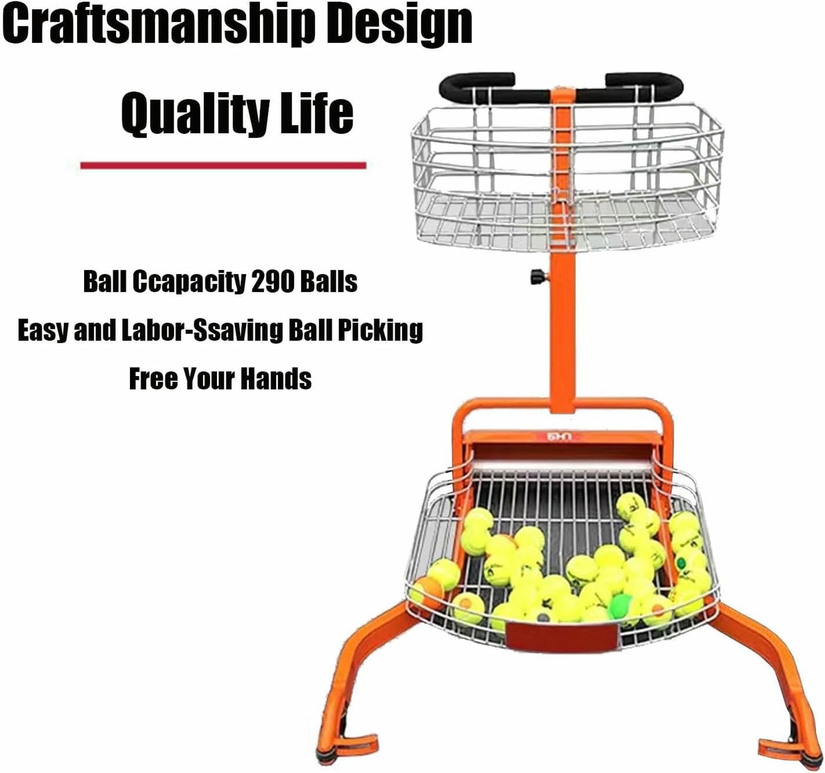 Raccoglitore automatico di palline da tennis, cestino per retriever con spinta manuale, contiene 290 palline per un facile ritiro sul campo