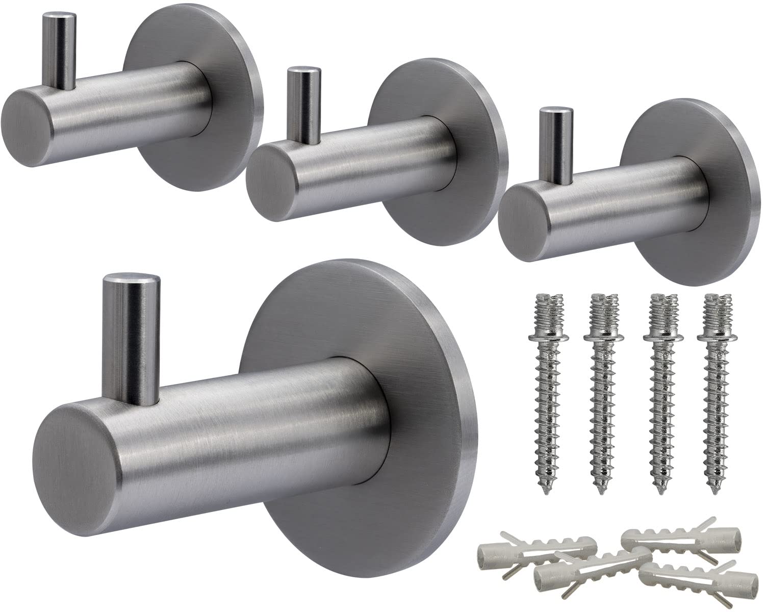 Neuhall 4 x Wall Hooks, Brushed Stainless Steel, Rust-Free, Bathroom Towel Rail for Wall Mounting Includes Fixing Set