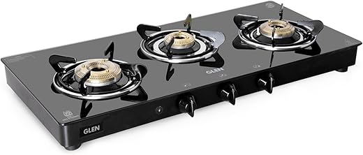 Glen 3 Burner Toughened Glass Top LPG Gas Stove 72 cm with Fuel Efficient Brass Burners | Black | ISI Certified | Fixed Stainless Steel Drip Trays…