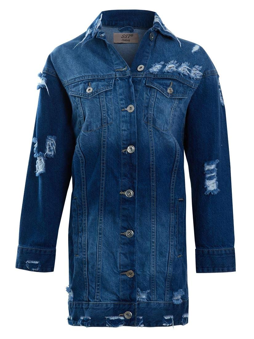 Ss7 Women's Stonewash Mid Blue Ripped Denim Jacket Boyfriend Fit