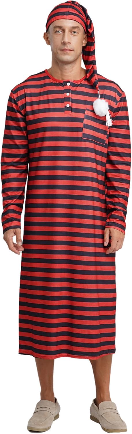 Sholeno Men's Striped Dubai Pajama Nightgown Saudi Sleeping Robe with Hat Middle East Nightshirt
