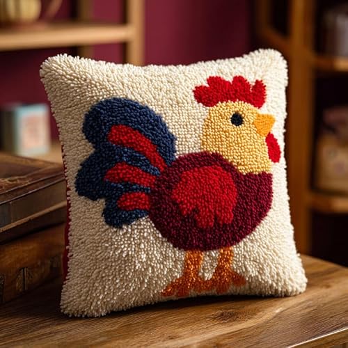 AxiangziK Latch Hook Pillow Kits for Beginners,Cartoon Rooster 43x43cm DIY Crochet Cushion Creative Craft,Ideal for Home Decor and Fun Crafting