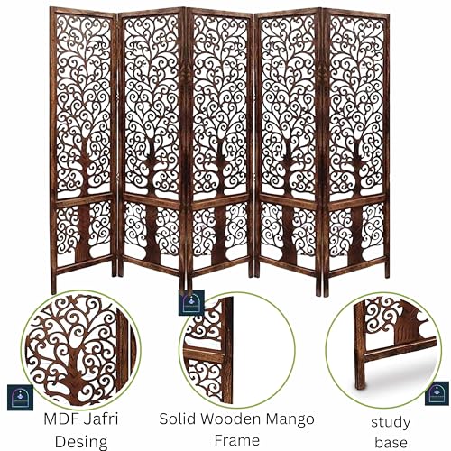 Image of Wooden Room Partition /Screen /Room Divider /Room Separator Traditional Handicrafts 6Ft (Dark Brown) (Tree 5 Panel)