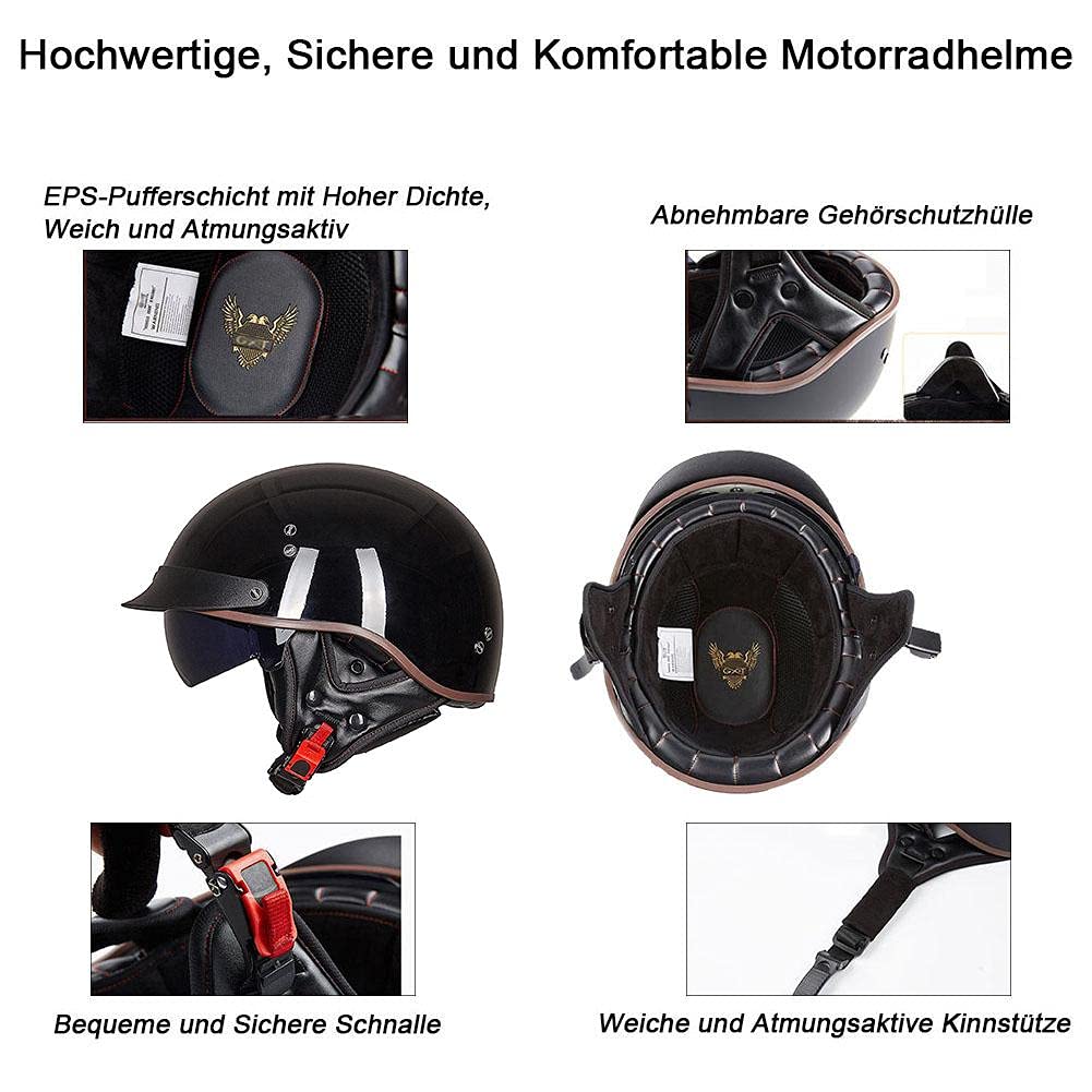 Halbhelm Motorradhelm Herren Damen Retro ECE Zertifizierung Motorrad Halbschale Mofa Helm Jethelm Halbschalenhelm Jet Helmet Motorcycl Chopper Scooter Helm Sturzhelm Mit Visier,I-(2XL/63-64CM)