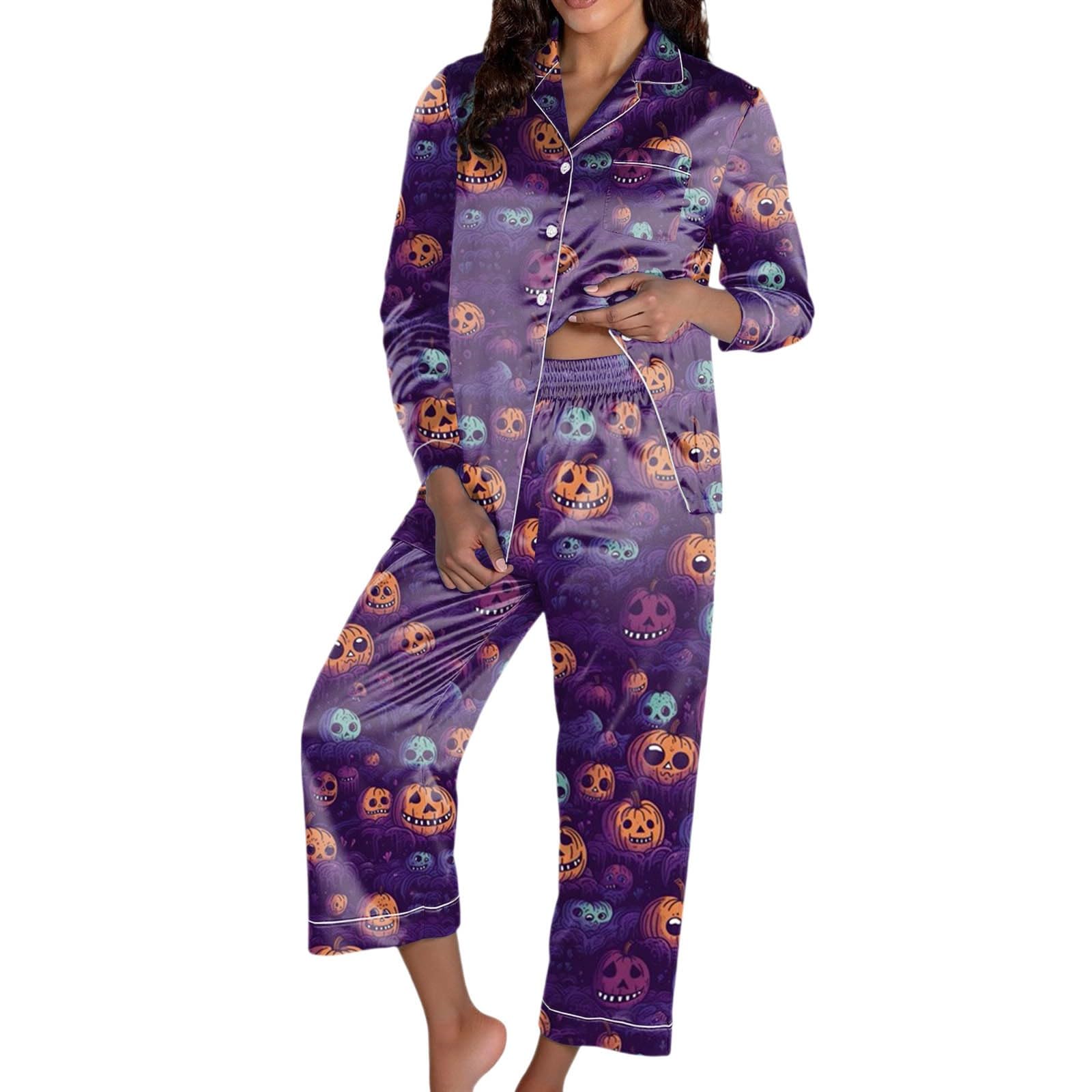 Genérico Pijama Mujer Algodon - Conjuntos de para Mujer con temática de Halloween Conjunto de Pantalones de Manga Larga Ropa de Estar cómoda para Noches acogedoras y relajación