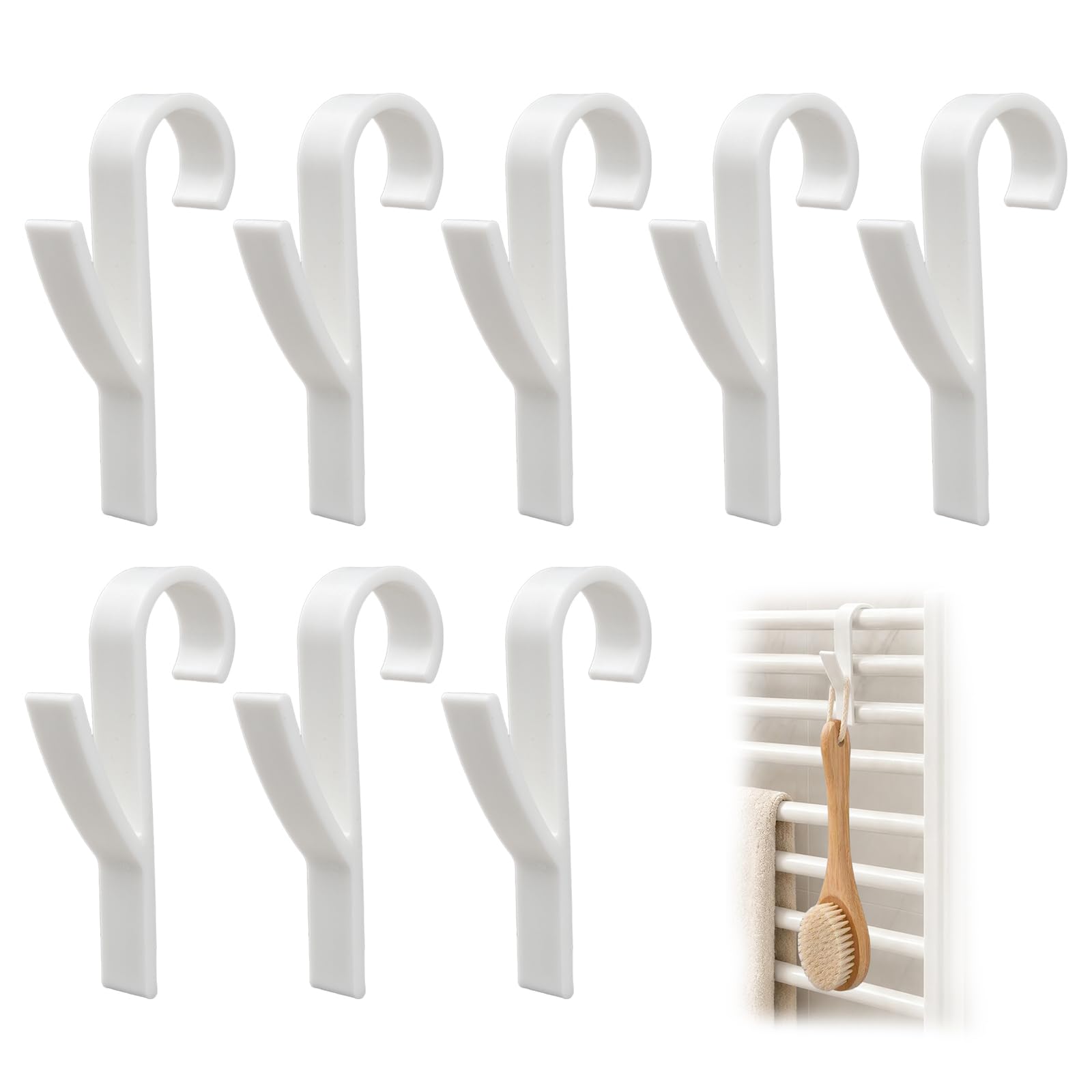 Maggasacca 8pcs Towel Radiator Brackets Hooks, Bathroom Heated Towel Rail Hooks, White Removable ABS Hooks,Bath Hook Holders for Clothes, Robes and Towels in Kitchen, Bathroom and Utility Rooms