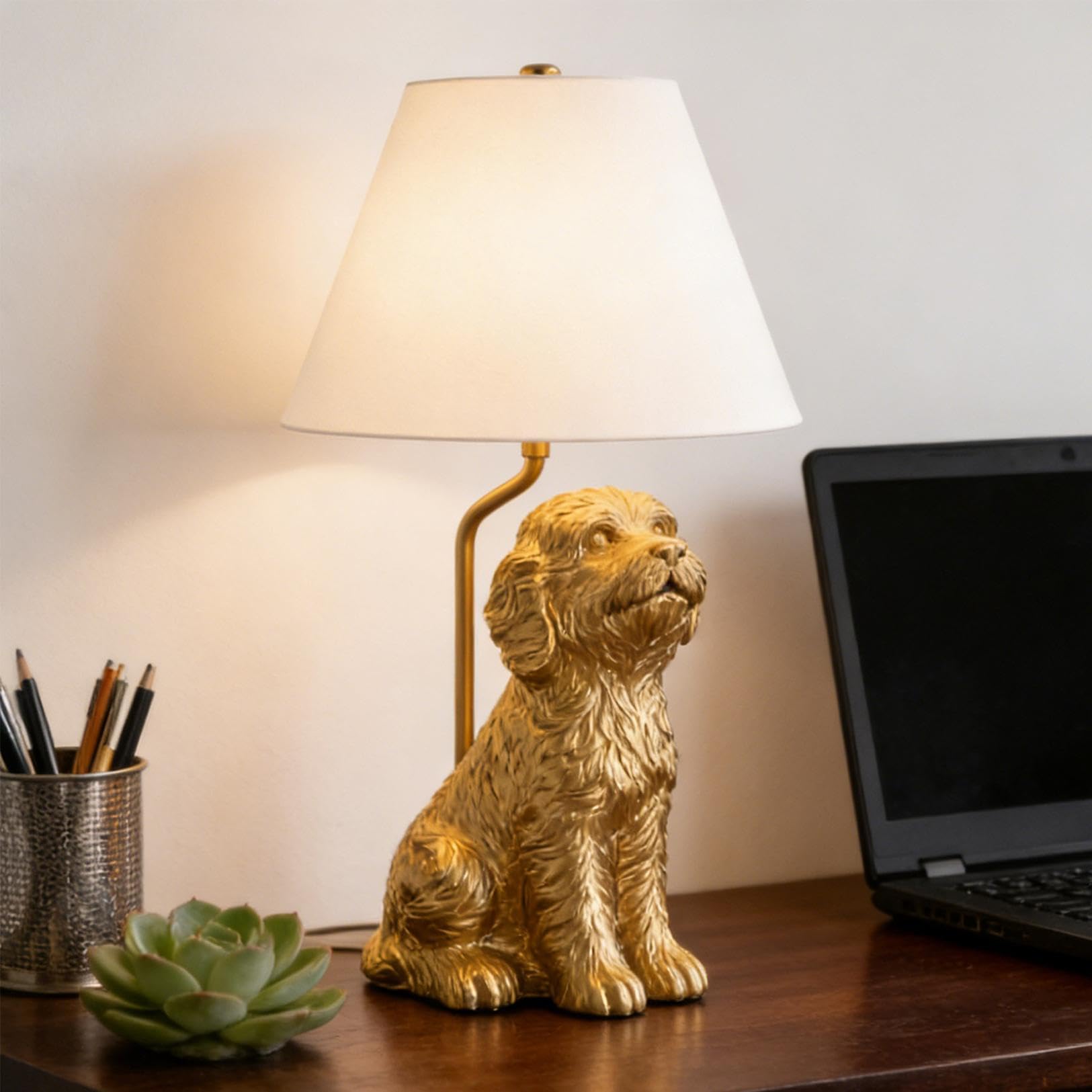 45 cm lampa stołowa z żywicy dla psa, kreatywna lampa nocna ze stożkowym lnianym kloszem, urocze zwierzę LED lampa biurkowa do domowego biura, czytania i dekoracji