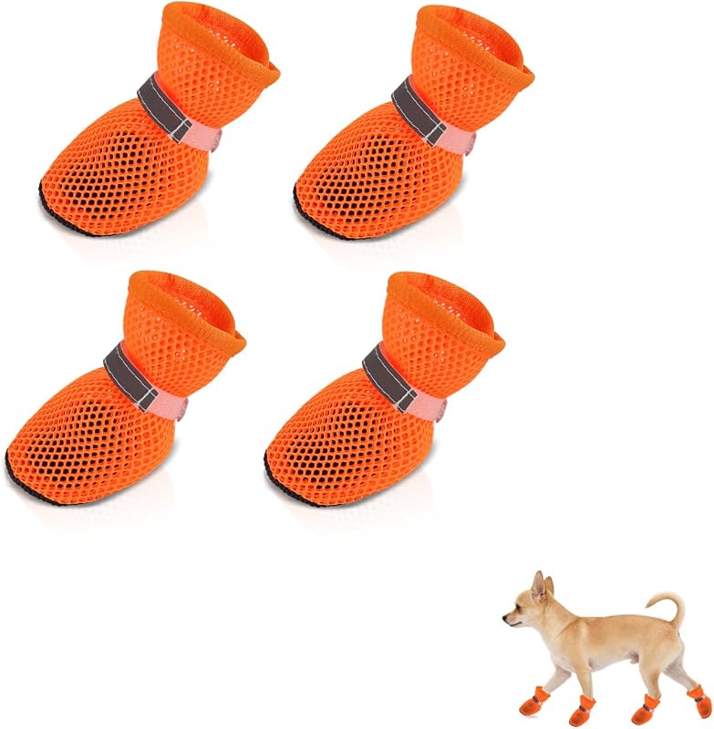 Botas para Cães Andiker com Tela Respirável, Solado Antiderrapante e Faixa Refletiva, Laranja, Tamanho S, Pacote com 4