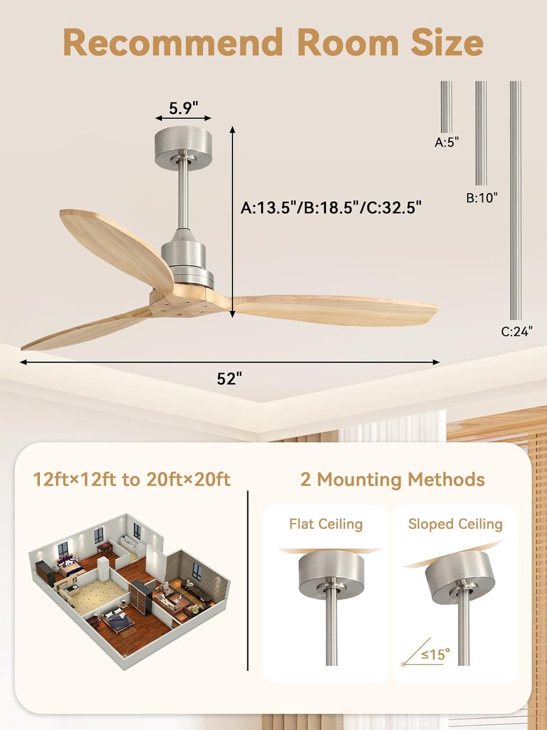 Sofucor 52 Inch Solid Wood Ceiling Fans with Lights and Remote, Dimmable 6-Speed Outdoor Ceiling Fan with Light, 3 Blade Ceiling Fan with Timer, Quiet Reversible DC Motor for Living Room Bedroom Patio