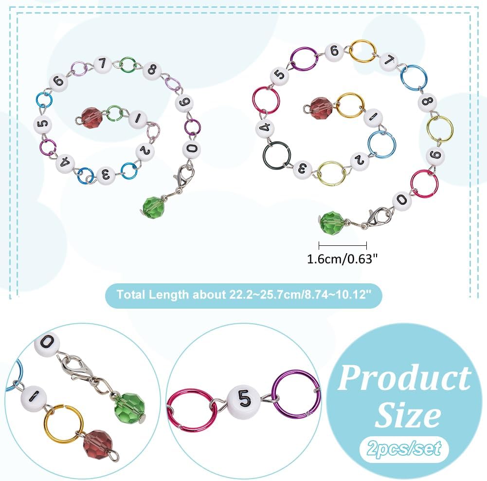 NBEADS 2 Pcs Glass Number Beads Knitting Row Counter Chains, Link Beads Stitch Marker Row Counter Chains with Aluminum Linking Ring for Sewing Knitting Crochet Tracking Project Progress