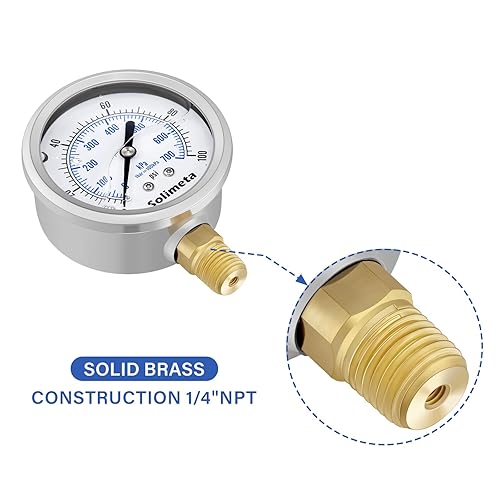 Miniatura 5 de Solimeta Tamaño del dial de 2-12", medidor de presión lleno de aceite, manómetro de presión de 100psi, montaje inferior NPT de 14", con tapón de