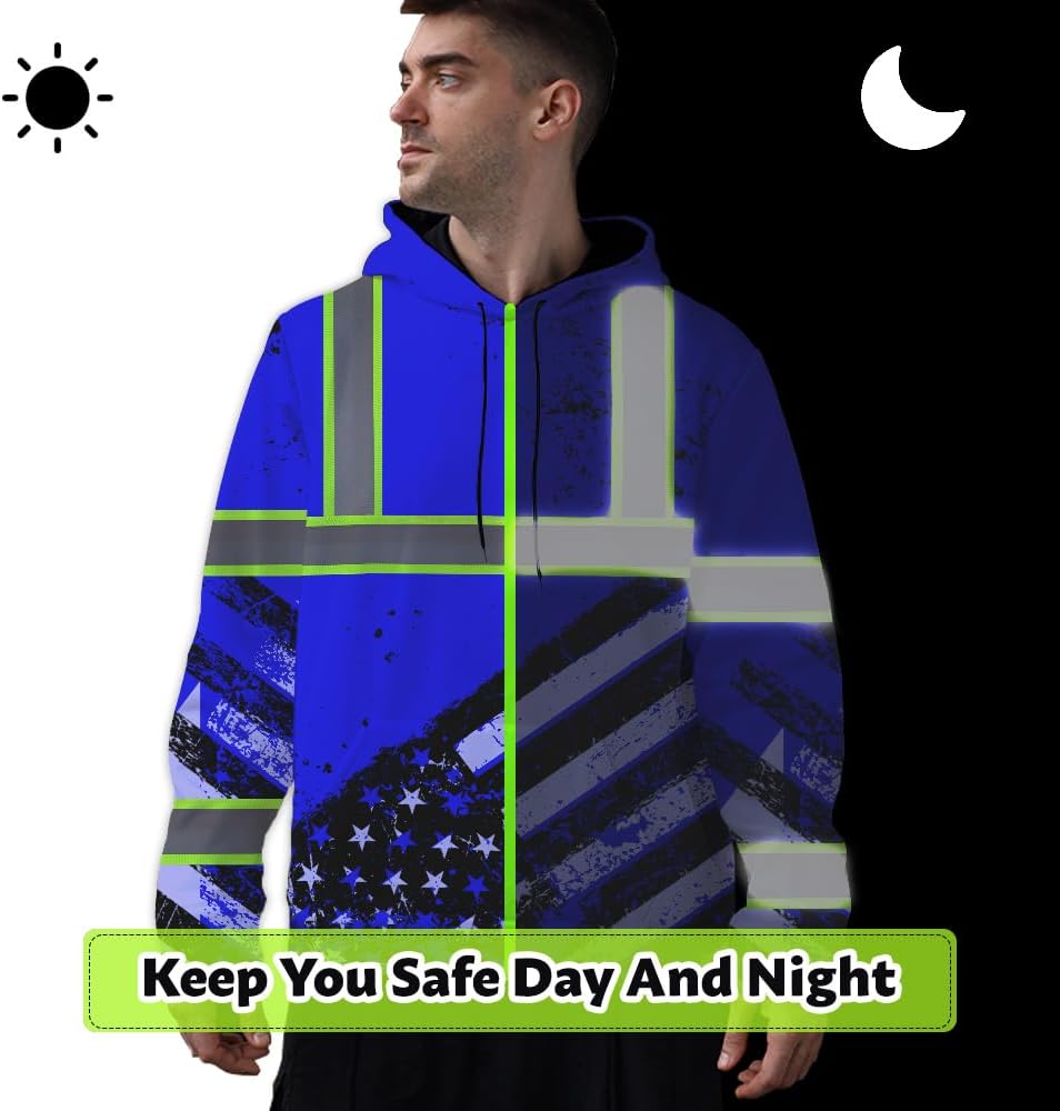 Color US Flag High Visibility Hoodie for Men Women Reflective Tapes Safety Workwear for Worker Runner Patriotic - Image 5