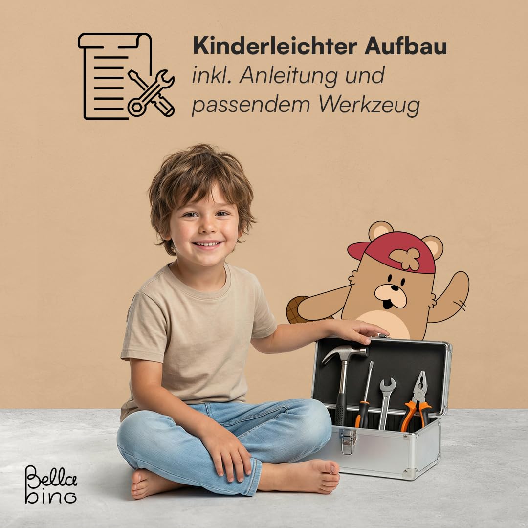 Bellabino Aspy Kinderbett 90x200 cm – Hochbett mit Rausfallschutz & Lattenrost – Halbhochbett mit Leiter aus Kiefer Massivholz in Weiß/Natur – Jugendbett für Jungen und Mädchen
