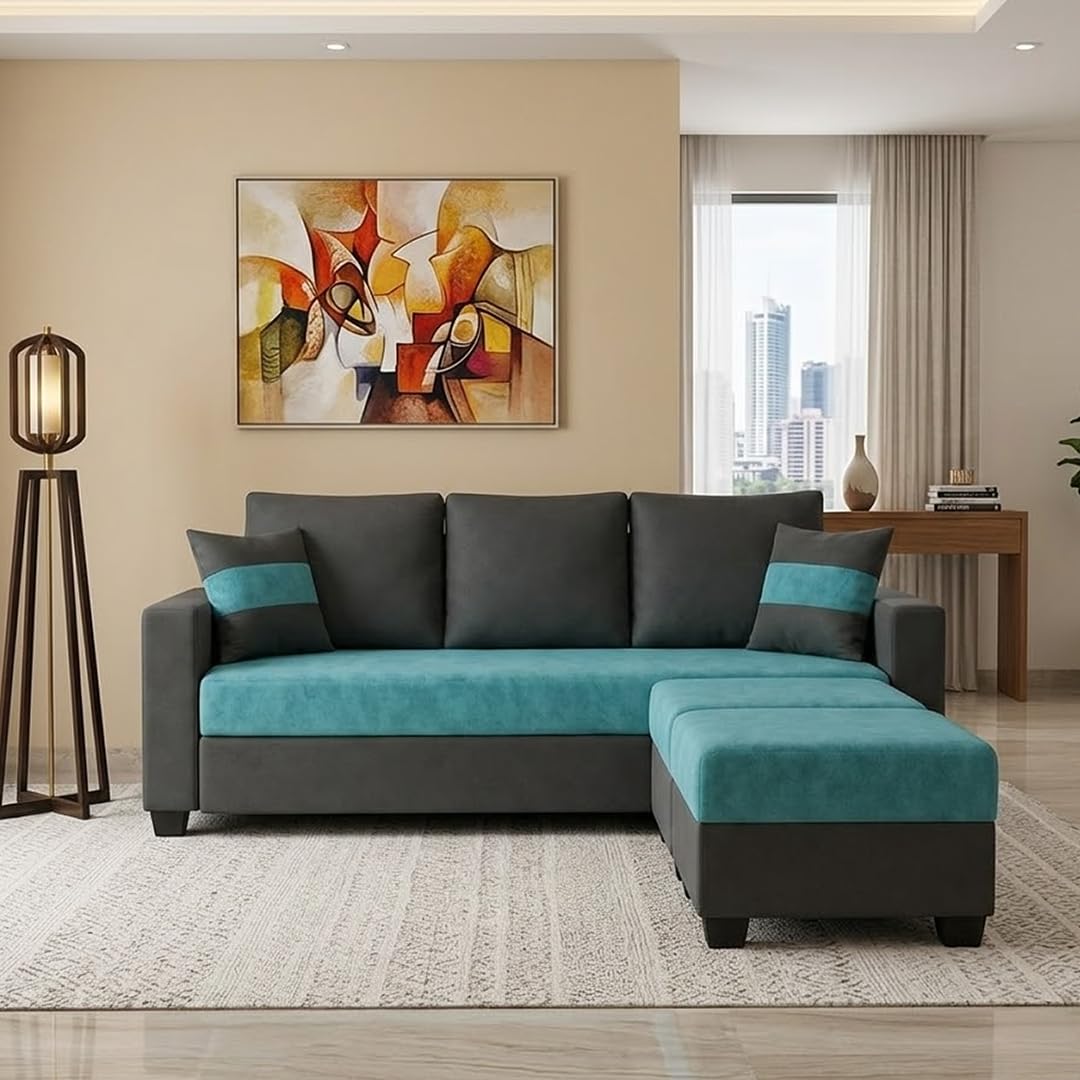 FURNY Aura 3 Seater Modular Fabric Sofa Set with 2 Ottomans (Aqua Blue-Dark Grey) | 5-Person Seating with Premium Velvet Finish | | Ideal for Living Room-image-3