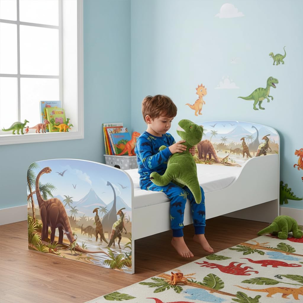 leomark Letto per bambini in legno, lettino con materasso, magnifiche stampe, spazio per dormire 140x70 cm, mobili per bambini, rete a doghe, atrezzatura stanza per bambino, motivo: DINOSAURI
