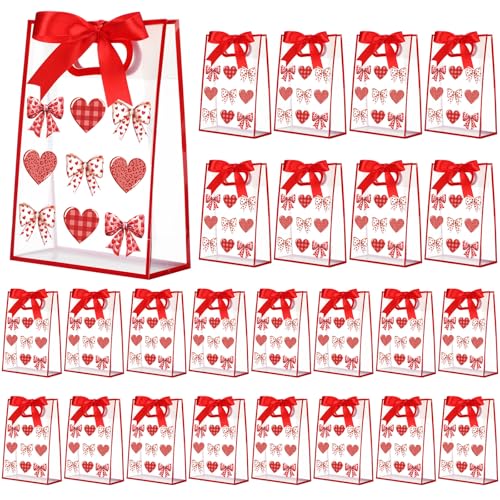 Gersoniel 24 Pack Valentines Day Clear Gift Bags with Handle Red Reusable Heart Plastic Tote Bags with Ribbons Transparent PVC Tote for Birthday Wedding Bridal Party Supplies, 7 x 10 x 3.15 Inch by Gersoniel - Used condition - US$20.09