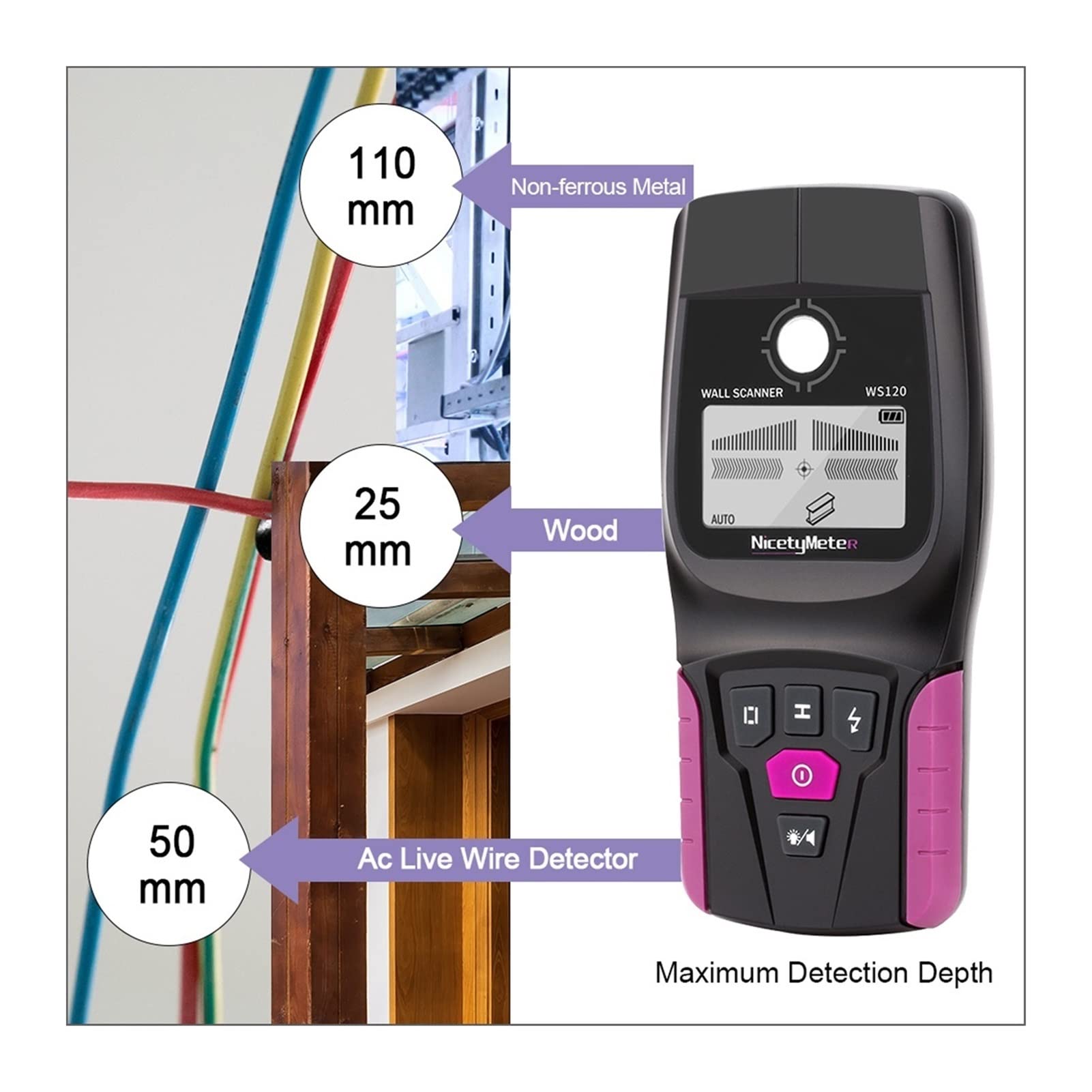 Kit de detector de metales Escáner de pared Detector de pared multifuncional profesional de mano digital Cable vivo y cable Tubería de agua de PVC Detector de metales Escáner Detector de alta precisi