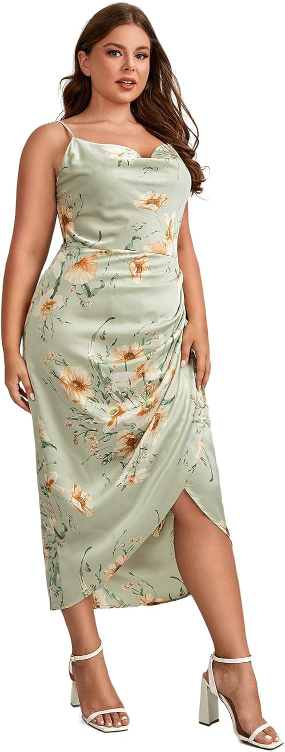 Floerns Women's Plus Size Satin Spaghetti Strap Cowl Neck Wrap Party Cami Dress