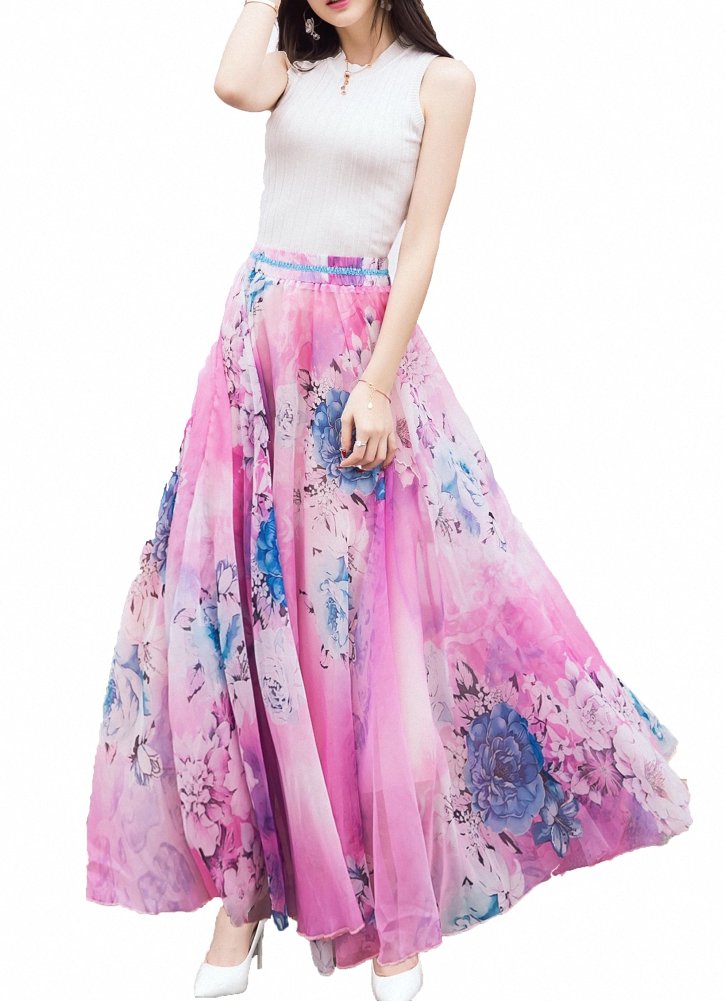 Sinono Women's Floral Maxi Chiffon Long Skirts Full Length Beach Skirt (XX-Large, Pink)