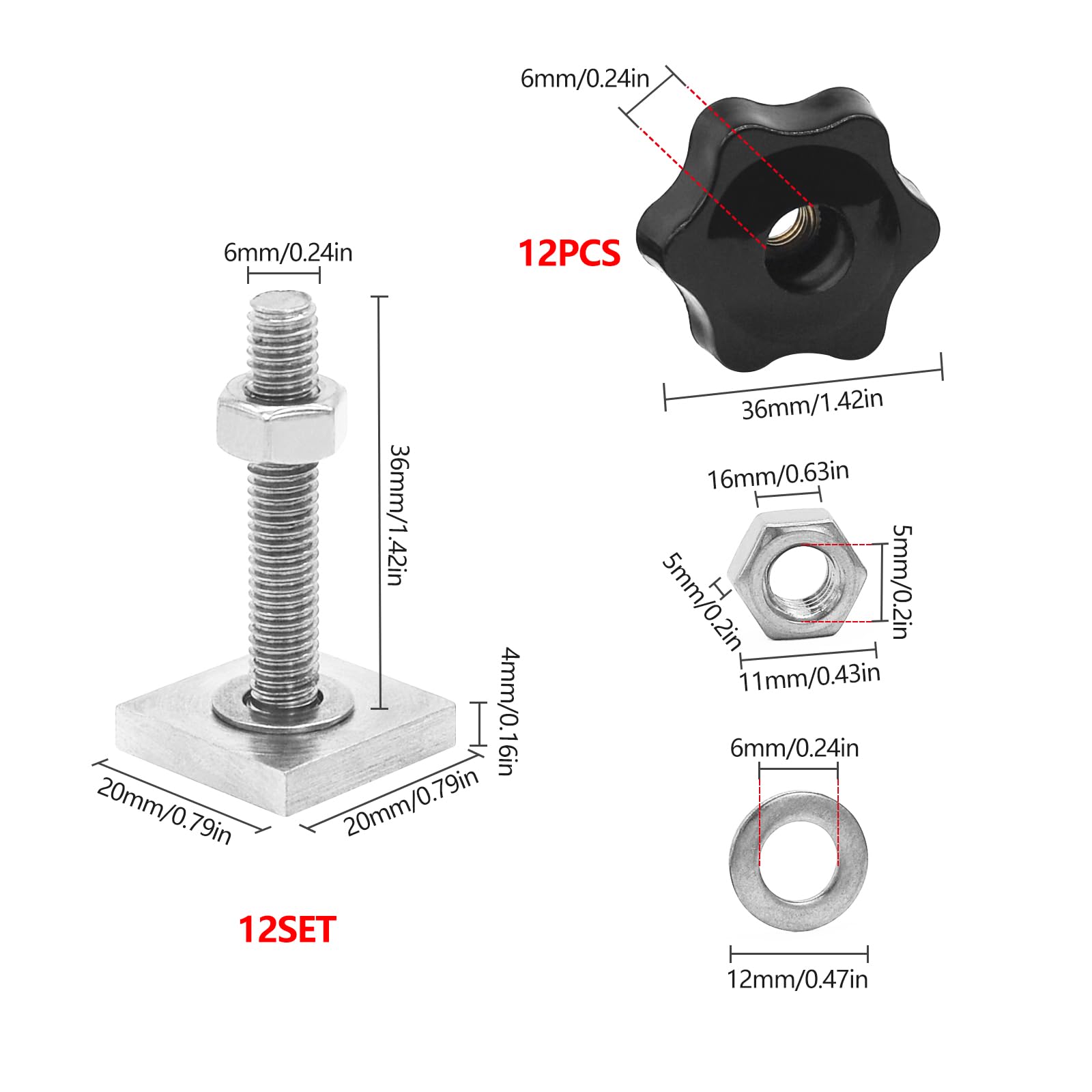 JJWNMLL T track adapter bolts head 20x20 mm square sliding blocks,t-nut adaptors bolts carbon steel roof rack accessories with Screw Nuts (M6 T-slot + star knob nut-12pcs) - Image 2