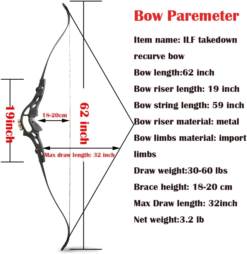 62” ILF Takedown Recurve Bow 30-60 Lbs ILF Bow Riser and Limb Archery American Hunting Bow with Gordon Limbs for Adult Competition Athletic Bow Right Hand