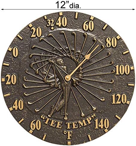 Whitehall Golfer Swing Wall Clock and Thermometer Set French Bronze 12 Inch Aluminum Indoor Outdoor Golf Decor Wall Clock with Dial Thermometer Patio Garden Wall Accent Made in USA