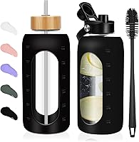 Vista 17 de Botellas de agua de vidrio de 32 oz - Vaso motivacional de 1 litro con marcador de tiempo - Vidrio de borosilicato con funda de silicona y 2 tapas