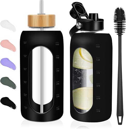 Miniatura 17 de Botellas de agua de vidrio de 32 onzas – Vaso motivacional de 1 litro con marcador de tiempo – Botella de agua de vidrio de borosilicato con funda