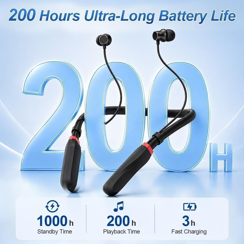 Écouteurs Bluetooth Sport À Tour De Cou avec Câble 200H de Lecture, Casque Bluetooth sans Fil, Écouteurs Intra-Auriculaires Bluetooth IPX4, Écouteurs Magnétiques pour Fitness Course Bureau, Noir
