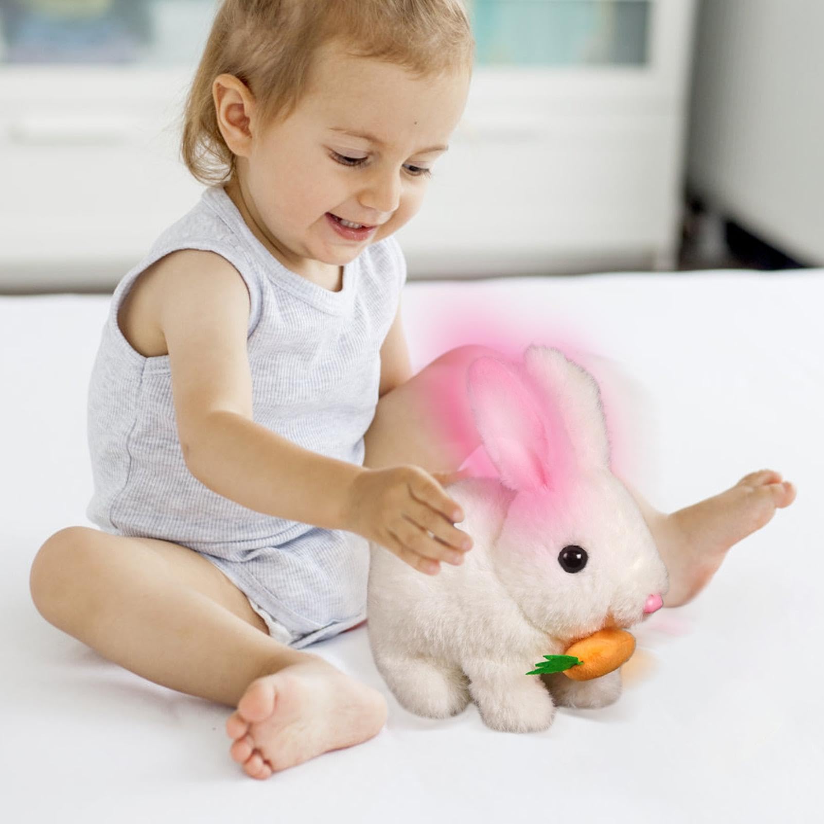 Lapin électronique En Peluche – Jouet Réaliste Qui Saute, Couine Et Bouge Les Oreilles – Piles AA – 16 Cm