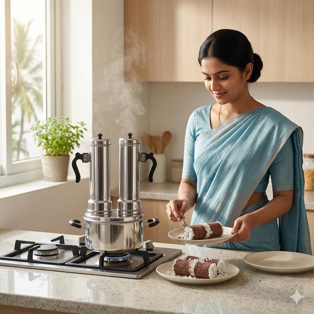 Nakshathra Stainless Steel Puttu Maker with Steamer, Puttu Kudam, 2 Puttu Pipe & Free One Extra Pipe, Gas & Induction Compatible, Durable Food-Grade Rice Cake Maker 1