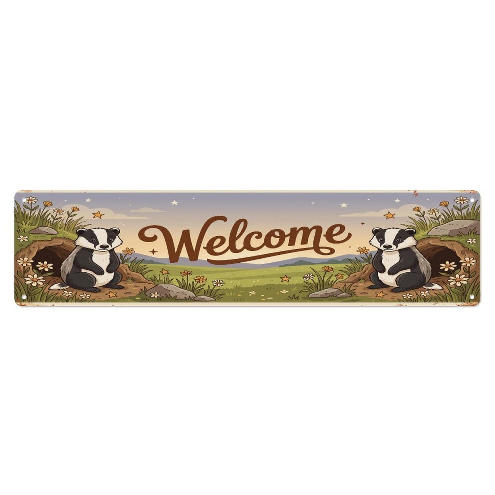 Olhnbad 4X16inch(10X40cm) Vintage Welcome Badger Burrow Metal Tin Sign
