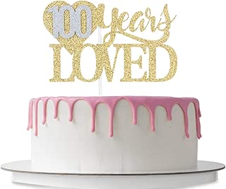 100 Years Loved Cake Topper with Loving Heart, Happy 100th Birthday, 100th Wedding Anniversary Party Decoration Supplies, Cheers to 100 Years, 100 Years Blessed, Double Color Gold and Silver Glitter - coolthings.us