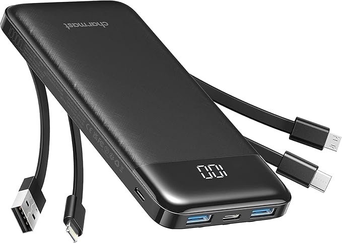 Charmast Power Bank 10000mAh con Cables Integrados, USB C Cargador Portátil 5V / 3A Powerbank Pantalla LED con 6 Salidas y 3 Entradas para iPhone Samsung Huawei Xiaomi