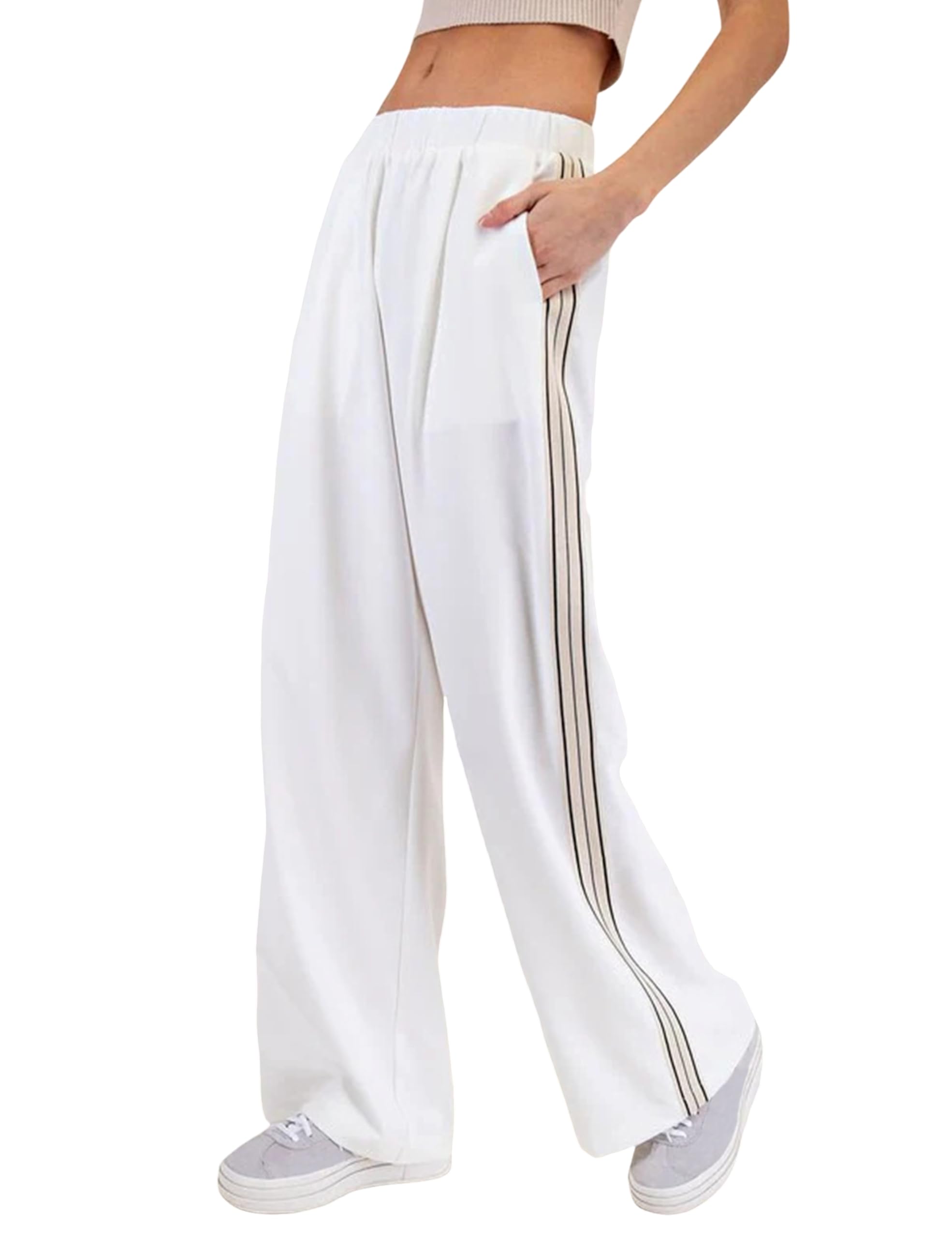 Womens Wide Leg Pants Side Track Straight Leg High Rise Elastic Waist Casual Pants with Pockets