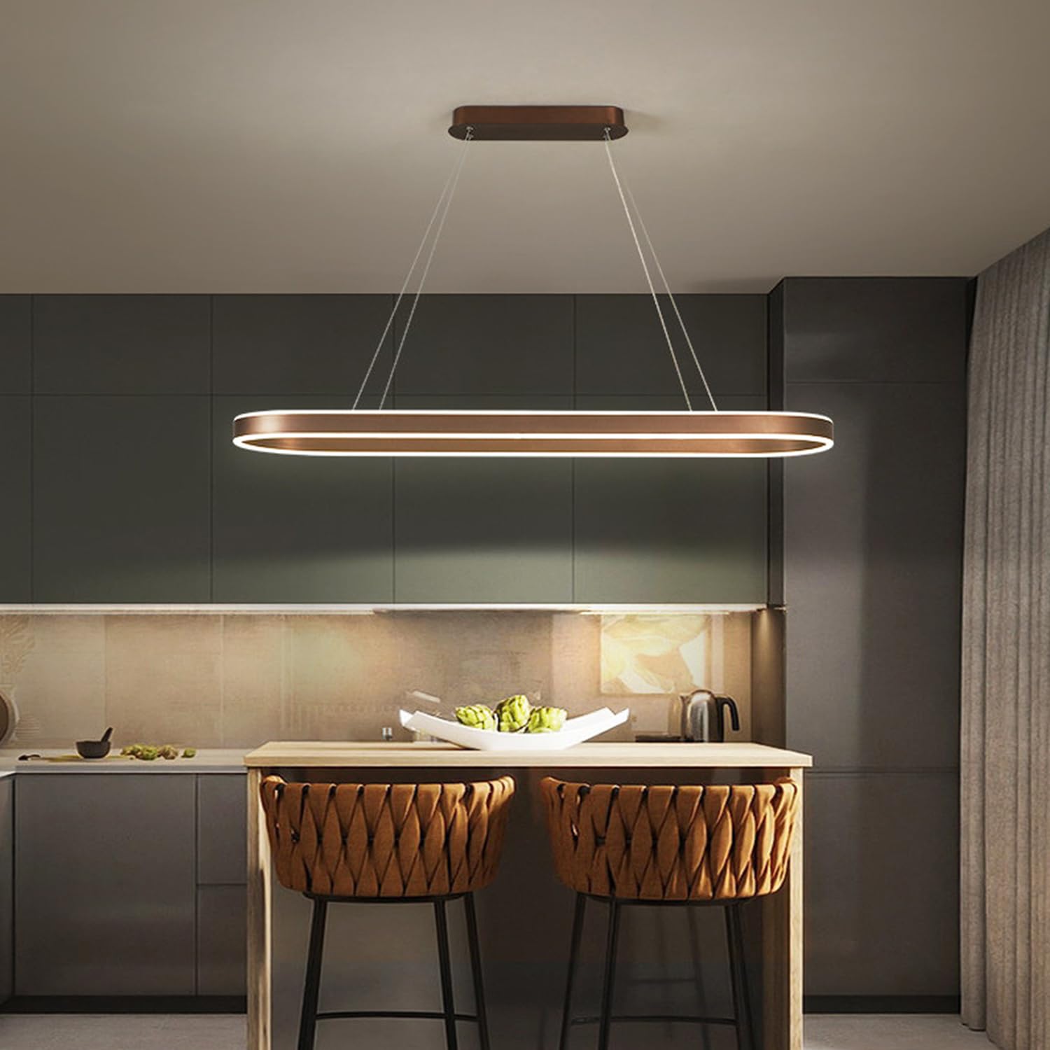 Aleaty Modern Dimmable LED Chandelier Dining Table Pendant Lamp Oval Living Room Office Hanging Light with Remote Control Restaurant Ceiling Light Height Adjustable for Living Room (Brown, 80cm)