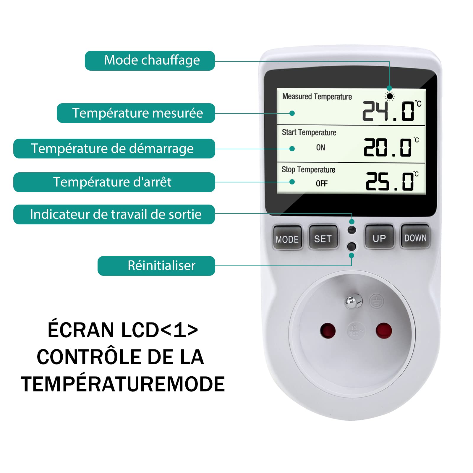 Prise Thermostat avec Sonde, CJBIN LCD Prise Thermostat Chauffage, 230V Thermostat Regulateur de Temperature Contrôleur de température pour Serre Reptile Terrarium Aquarium Incubateur Home (Prise FR)
