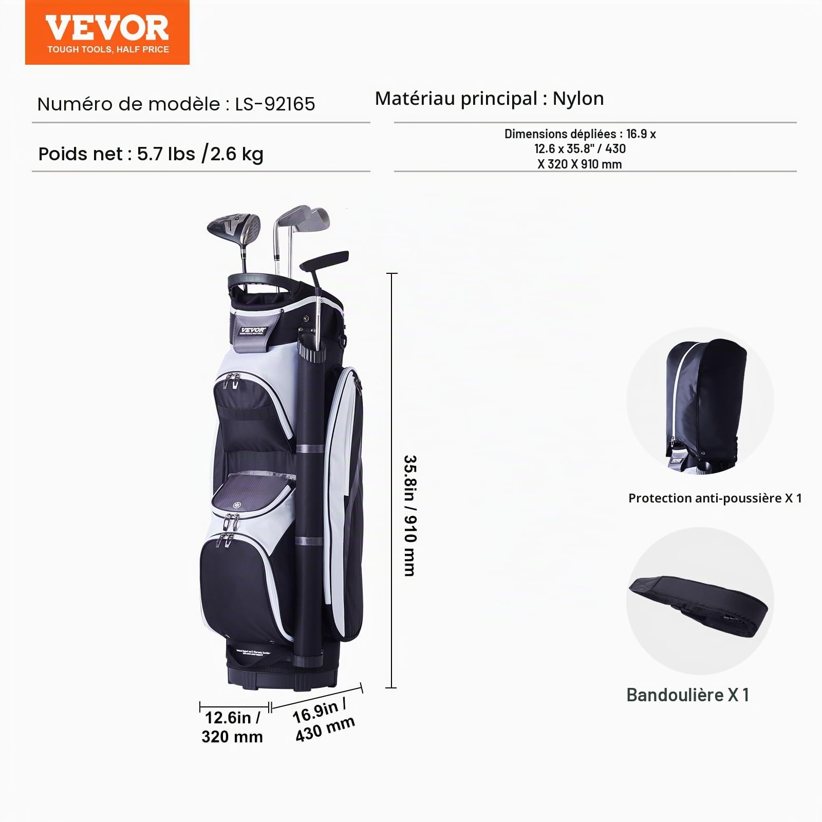 VEVOR Sac de Chariot de Golf avec séparateur sur Le Dessus à 14 Compartiments, Plusieurs Poches de 91,4 cm, Sacs de Golf durables avec poignées, Housse Anti-poussière et Sangles Amovibles pour Homme