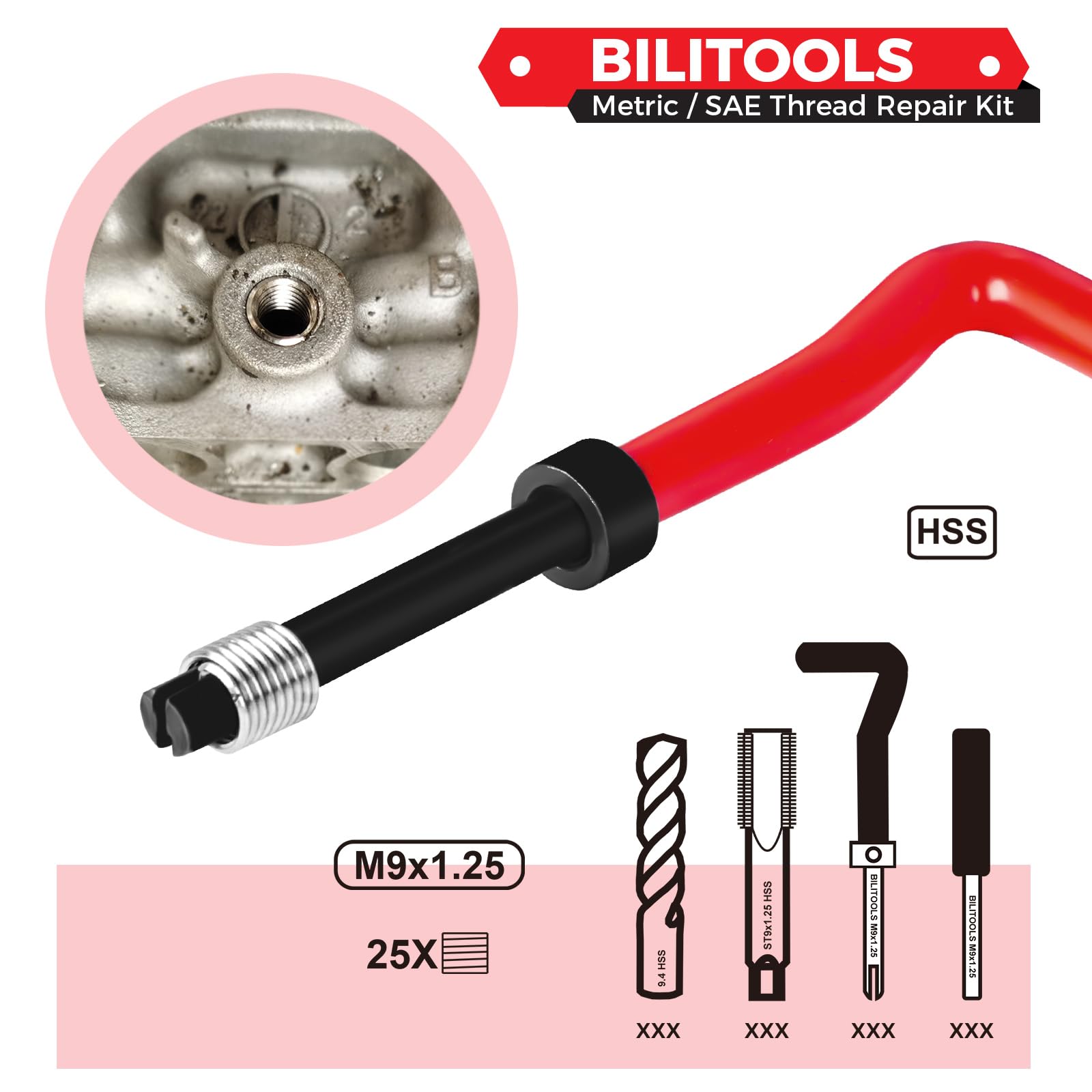 BILITOOLS M9x1.25 Helicoil Thread Repair Kit metrico, HSS Drill Heli Coil Kit di riparazione