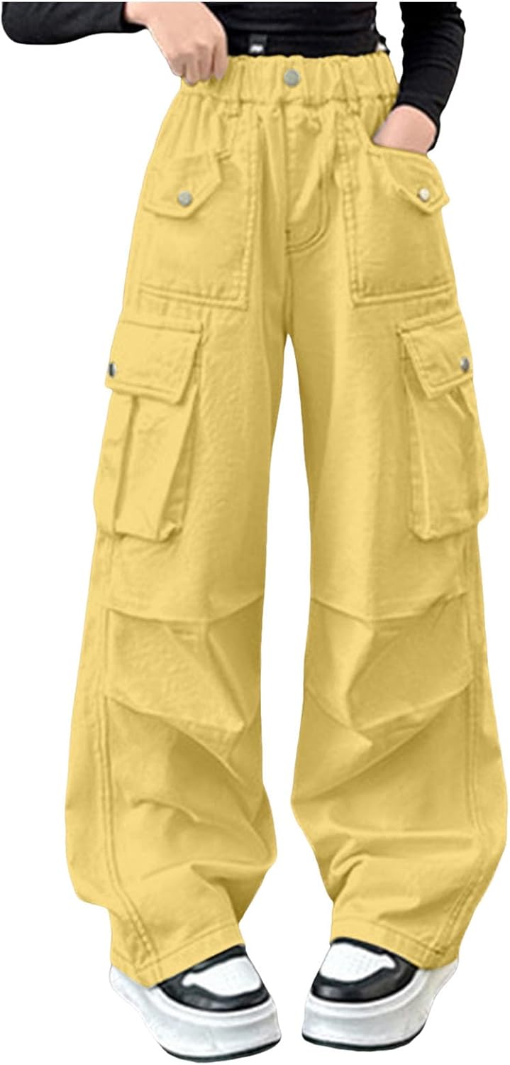 Girls Cargo Pants Elastic Waist Casual Jogger Pants for Girls Streetwear Loose Baggy Joggers Travel Hiking Streetwear
